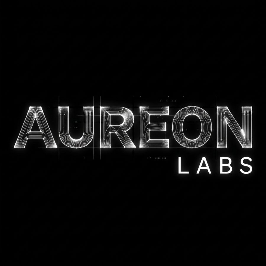 AUREON LABS wordmark rendered as glowing point-cloud lettering on a black background
