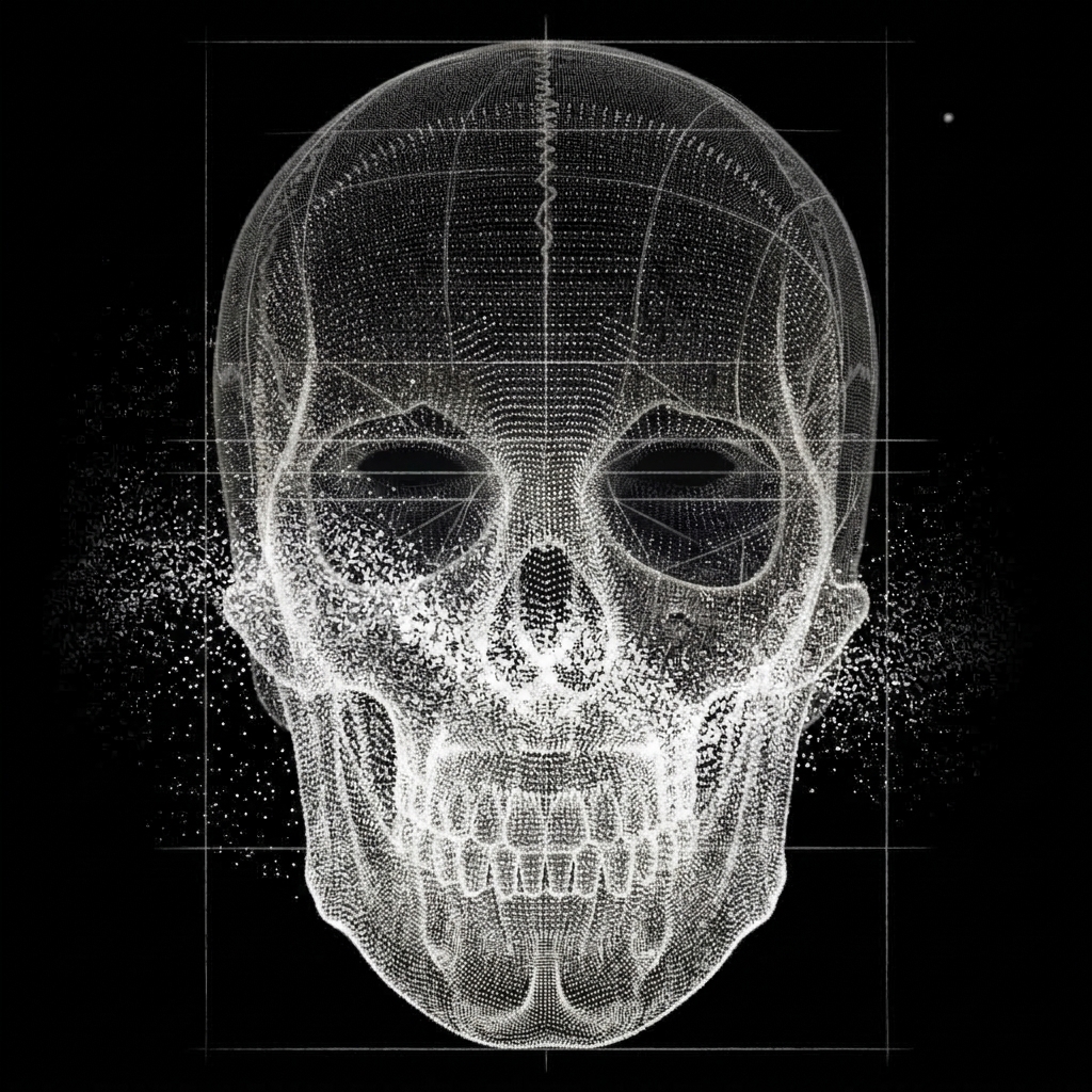 Point-cloud rendering of the skull and upper facial structure over fine calibration lines